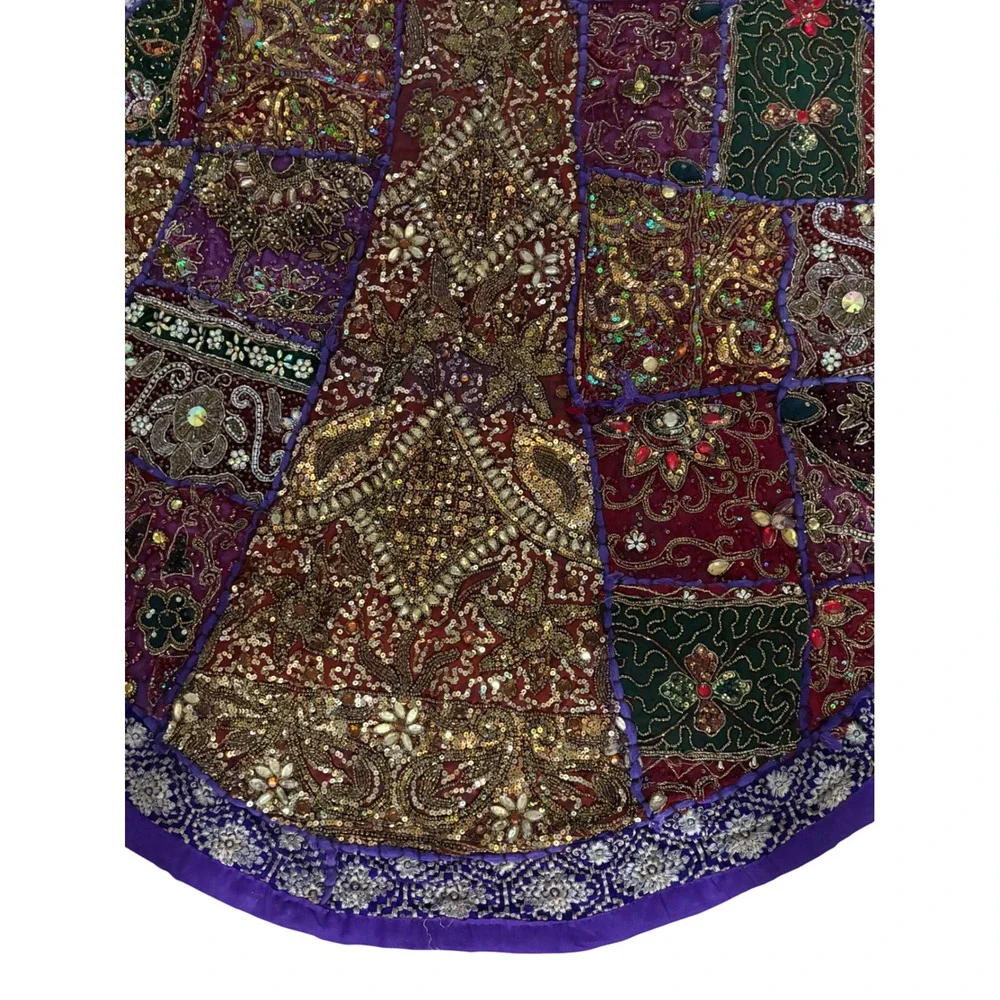 Handmade Indian Patchwork Round Tapestry Gold Zardosi Beaded Boho Purple 22in
